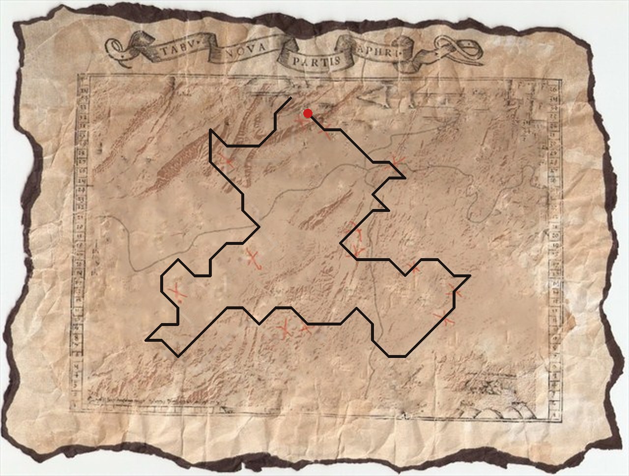A single black line of the Gernreich writing winding in a loop over an old map, starting at a red dot near the top