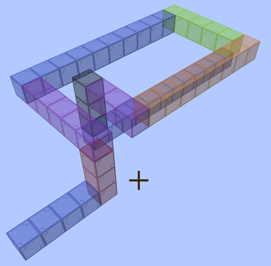 The walk laid out in Minecraft: 59 translucent cubes running as a flat rectangular coil, dropping through two short vertical legs, each section a different colour