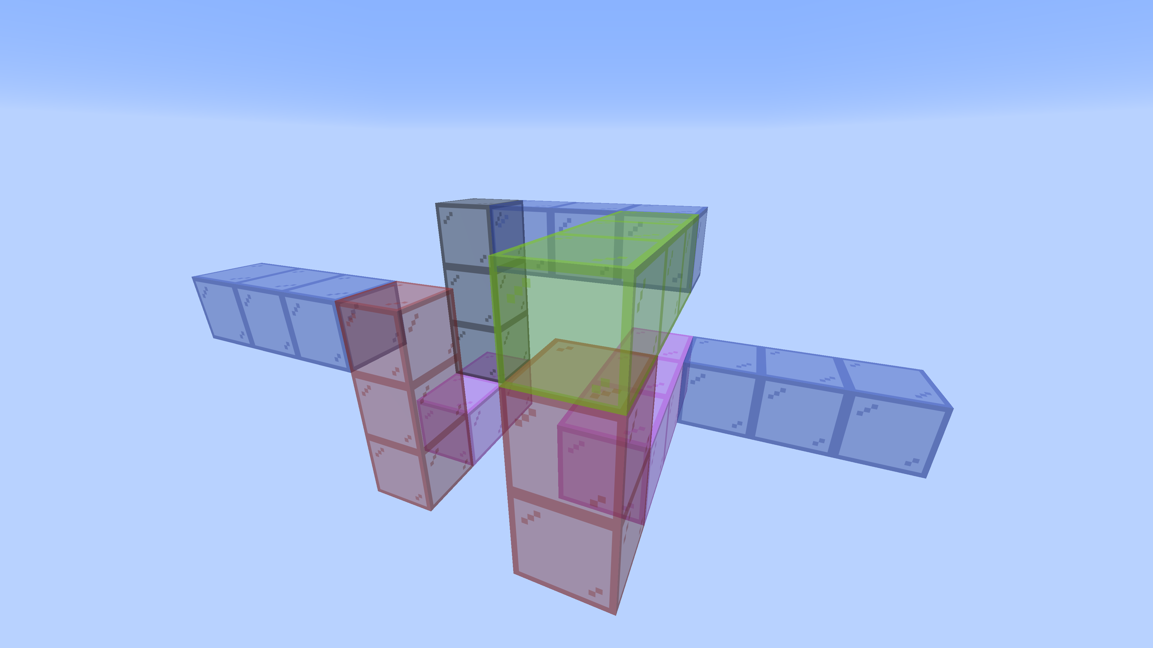 The walk laid out in Minecraft: twenty-two translucent cubes, two straight legs reaching out left and right and a stack of turns folding between them, each section a different colour