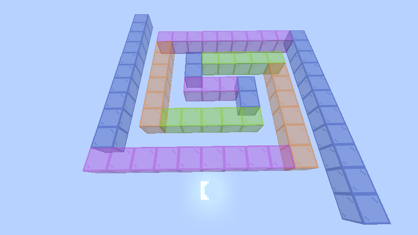 The walk laid out in Minecraft: sixty-eight translucent blocks lying flat as a Greek key, winding in to a short bar at the centre and coming back out beside itself, the runs coloured blue, purple, orange and green
