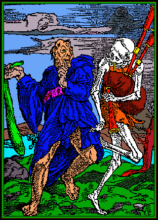 A skeleton playing the bagpipes leads a ragged fool, coloured in bright blues, greens and reds